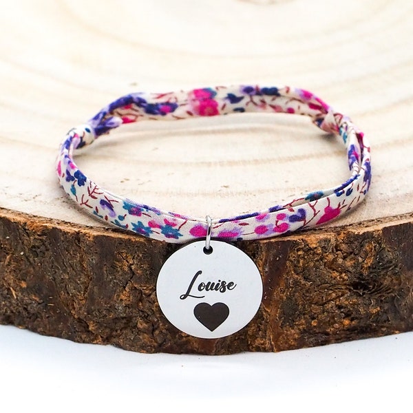 Bracelet Liberty fleuri personnalisé avec gravure médaille Or ou Argent, modèle «BL#11», Cadeau Anniversaire, Maman, Saint-Valentin