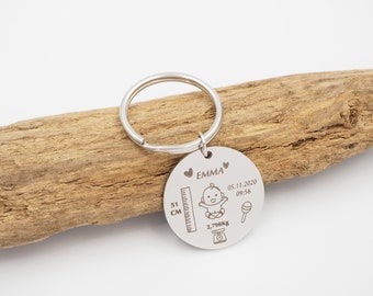 Personalized and engraved stainless steel birth keychain with first name, date, height and weight - Personalized Gift