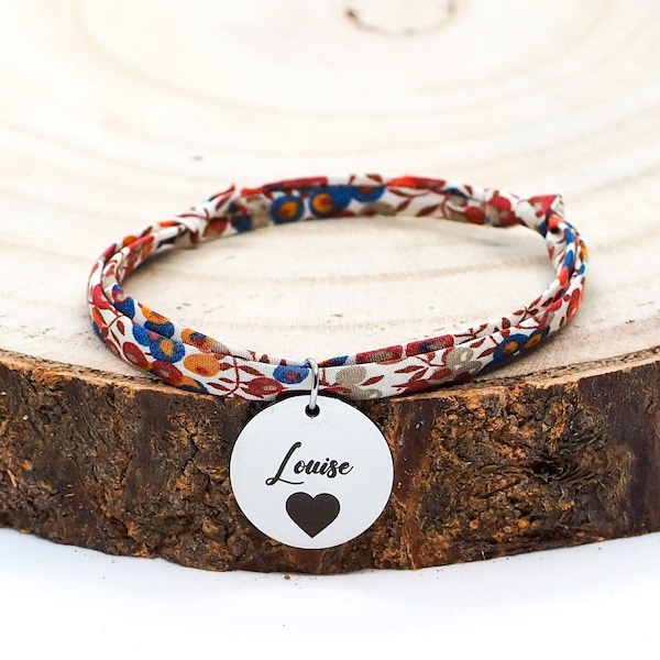 Bracelet Liberty fleuri personnalisé avec gravure médaille Or ou Argent, modèle «BL#13», Cadeau Anniversaire, Maman, Saint-Valentin