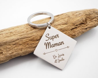 Personalisierter und gravierter Edelstahl-Schlüsselanhänger "Super Mom" mit Botschaft und Kindernamen - Muttertagsgeschenk