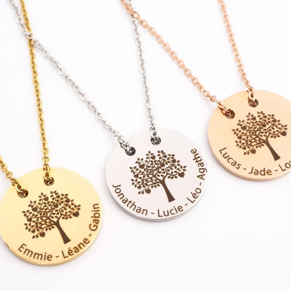 Collier famille "arbre de vie" en acier inoxydable personnalisé et gravé avec prénoms - Cadeau Personnalisé