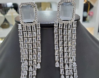 Grey Diamond Cz Stones Rhodium Plated Diamond Chandelier Earrings,Indian Jewelry,Statement Earrings, Diamond Earrings, Indian earrings