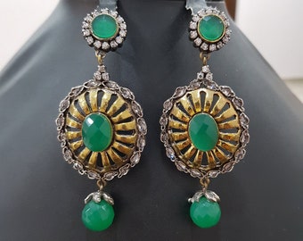 Emerald Green Cz Victorian Vintage Baguettes Earrings,Indian Jewelry,,Indian earrings,Victorian Jewelry,Sabyasachi jewelry,Vintage jewelry