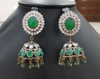 Emerald Green Cz Victorian Vintage Jhumka Earrings,Indian Jewelry,Indian earrings,Victorian Jewelry,Sabyasachi jewelry,Vintage jewelry