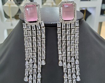 Pink Topaz Diamond Cz Stones Rhodium Plated Diamond Chandelier Earrings,Indian Jewelry,Statement Earrings, Diamond Earrings, Indian earrings