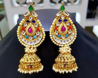 Aqua Gold Chaandbali Indian Earrings Indian Jewelry Polki Earring Kundan Earrings Pakistani Jewelry Mint Earrings Statement Earrings