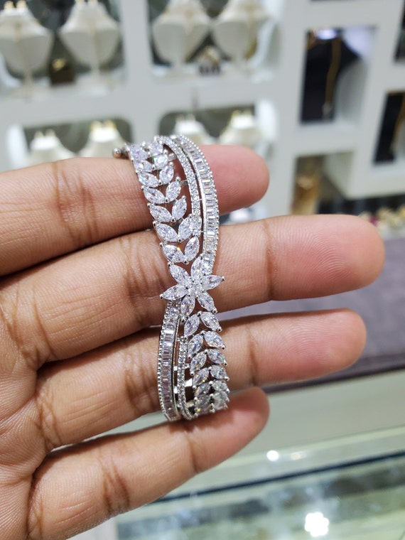 Marquise Stones Silver CZ Bangle Bracelet cz Bangle Openable