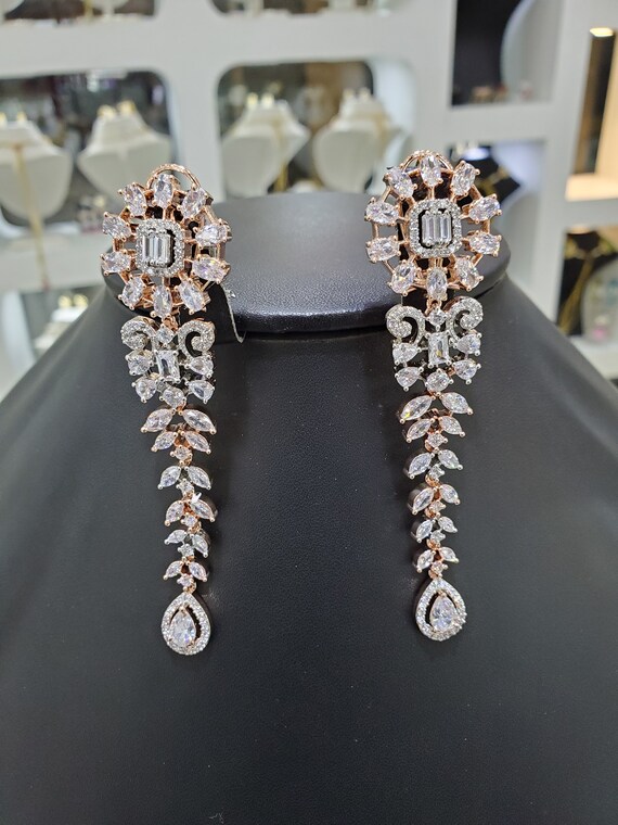 Elegant Rose Gold Plated Diamond Chandelier Earrings Indian Jewelry Statement Earrings Statement Jewelry Diamond Earrings Indian earrings