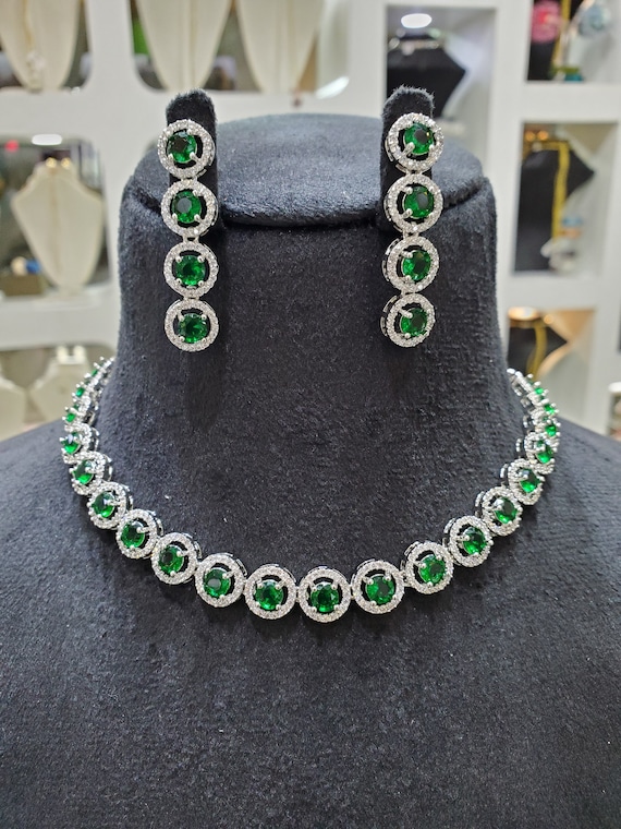Bottle Green Stone Embellished American Diamond Necklace Set | B10-JS23-10  | Cilory.com