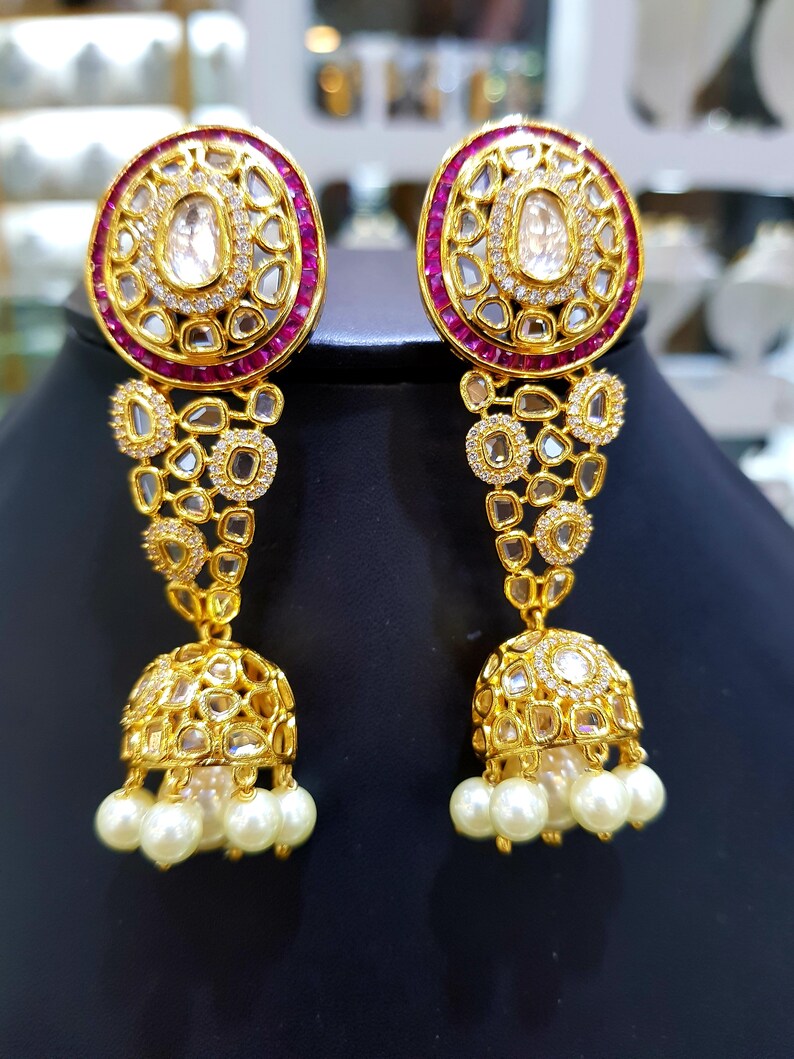 Exclusive Pearl Long Jhumka Kundan Polki Silver Earrings,Sabyasachi jewelry,Kundan Earrings,Polki jewelry,Kundan jewelry,Indian jewelry