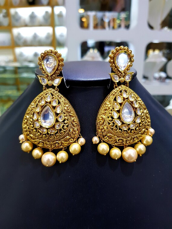Antique Gold Plated Pearl Drops Kundan Polki Earrings silver