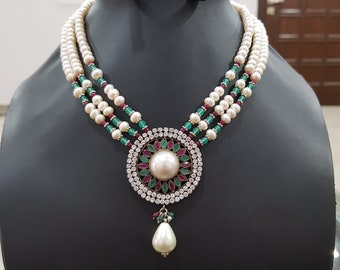 Red and Green Pearl Maala Vintage Victorian Necklace/ Victorian Cz necklace set /Victorian set /Sabyasachi jewelry/Indian ethnic,Pendant Set