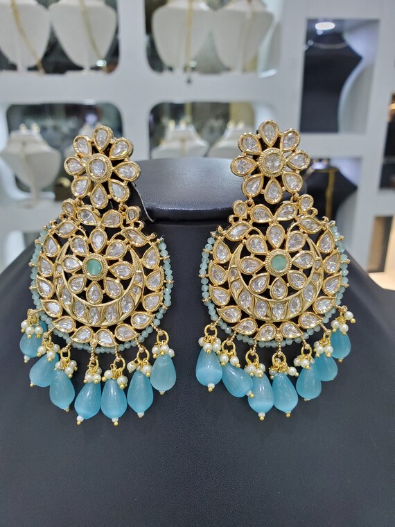 Aqua Blue Kundan Polki Jadau Silver Chandbali Earrings sabyasachi