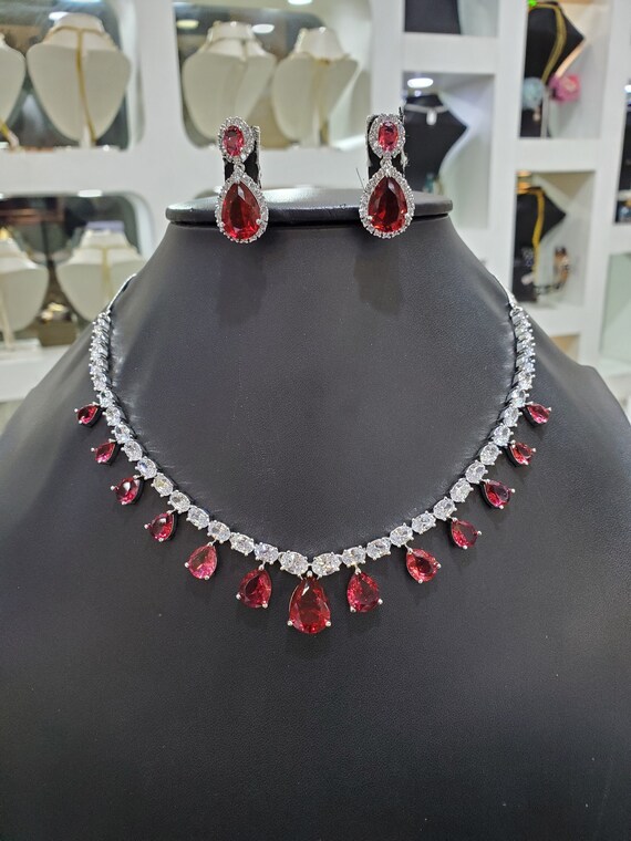 Silver Ruby Cz Choker Necklace cubic Zirconia Ruby Necklace