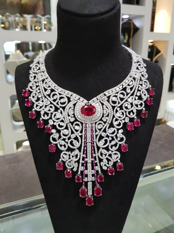 High Quality CZ Diamonds Ruby Necklace Earrings Set Bridal 