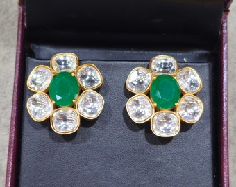 Statement Uncut Emerald Green Kundan Polki Victorian Studs Earrings ,Sabyasachi jewelry,Kundan Earrings,Polki Earrings,Kundan jewelry