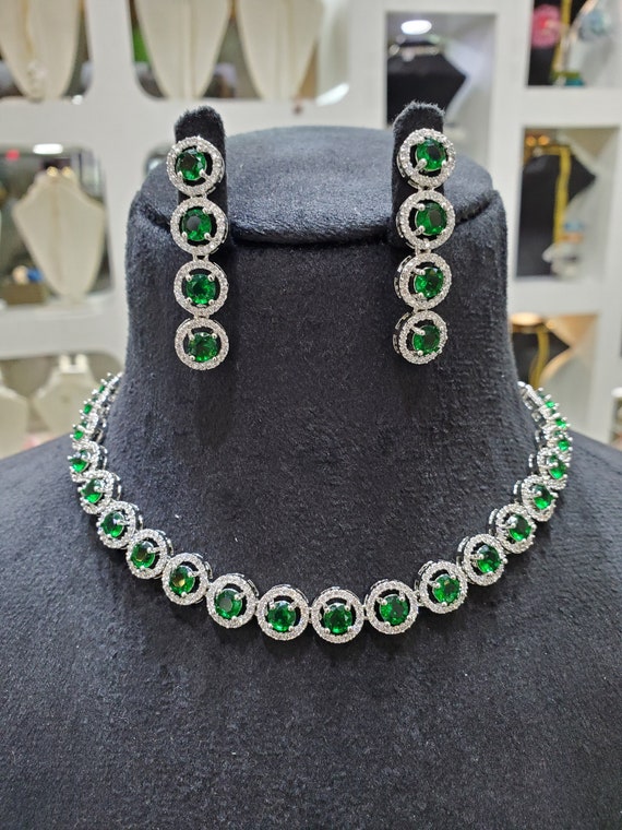 Statement Emerald Green Stones Diamond Cz Choker Necklace and