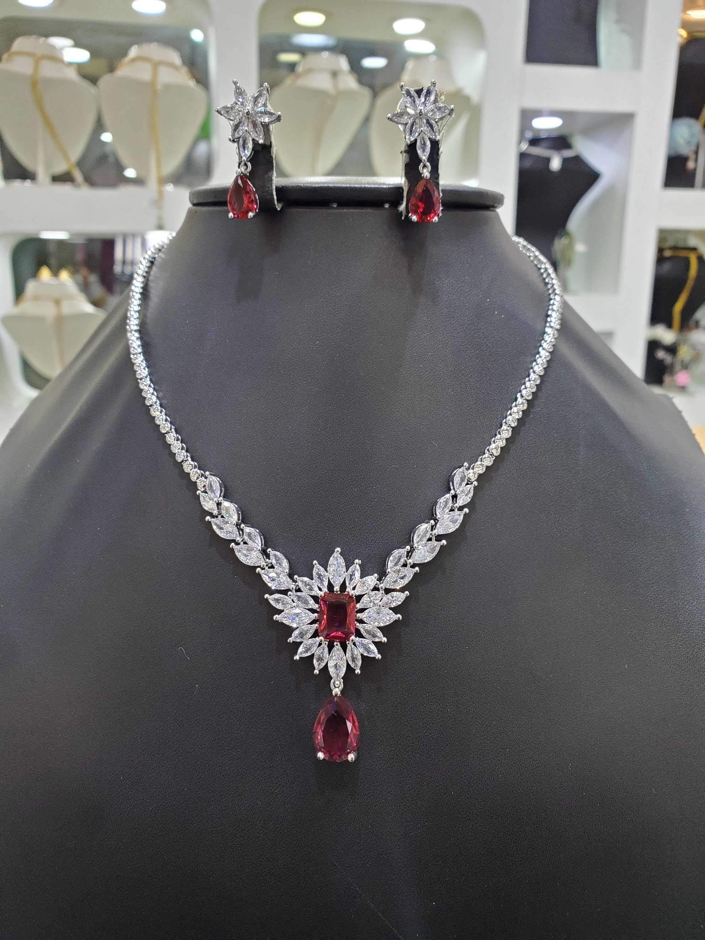 Silver Ruby Cz Long String Diamond Necklace Ruby Necklace