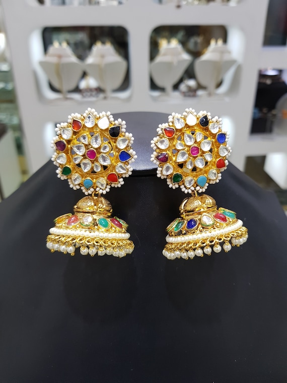 Sabyasachi Vintage Emerald Kundan Polki Jadau Silver Chandbali Earrings,Sabyasachi jewelry,Kundan Earrings,Polki Earrings,Jadau Chandbali