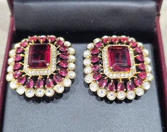 Ruby Red Statement Kundan Polki Silver Studs Earrings,Sabyasachi jewelry,Kundan Earrings,Polki Earrings,Jadau Jhumka,Kundan jewelry,Bridal