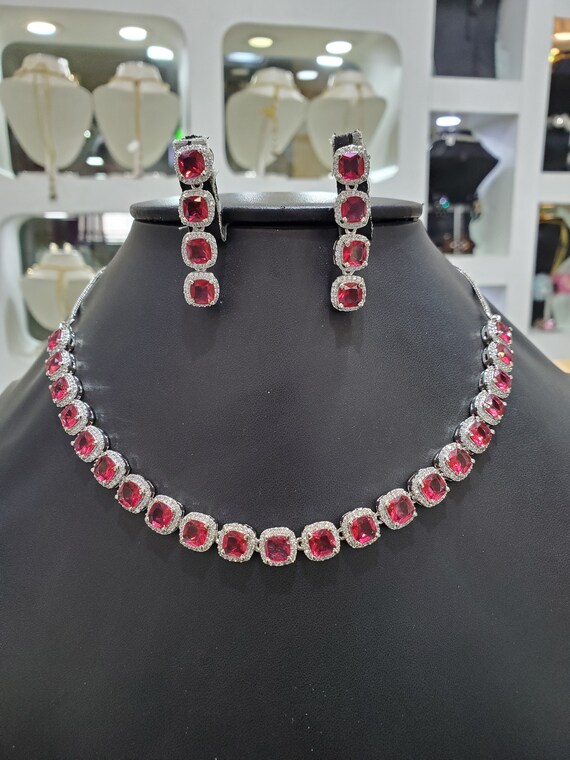 Silver Ruby Cz Choker Necklace cubic Zirconia Ruby Necklace