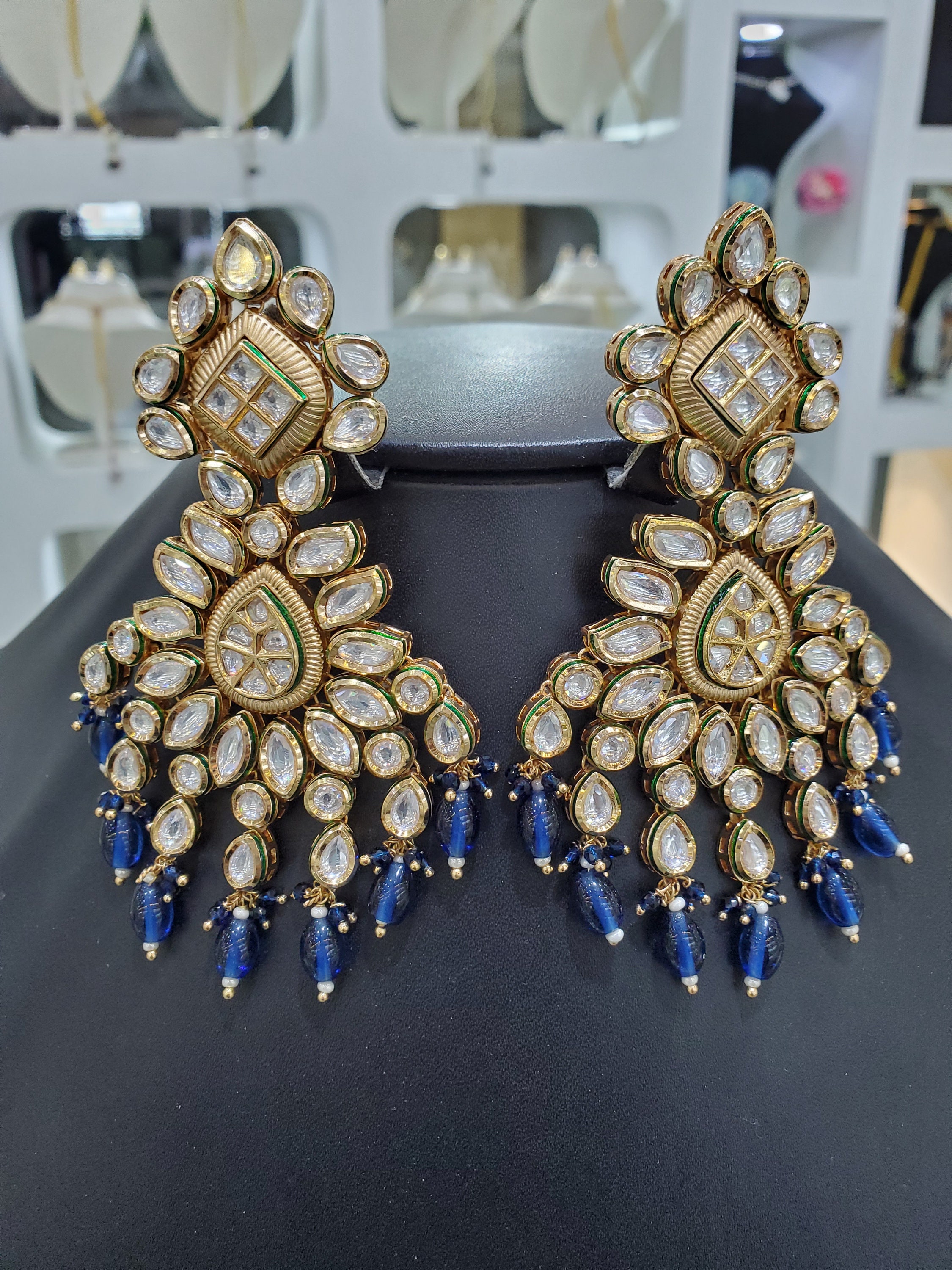Blue kundan earrings deals