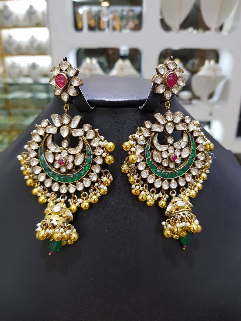 Sabyasachi Vintage Emerald Kundan Polki Jadau Silver Chandbali Earrings,Sabyasachi jewelry,Kundan Earrings,Polki Earrings,Jadau Chandbali
