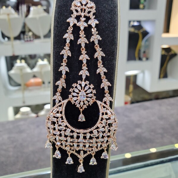 Exclusive Cz Rose Gold Jhoomar Passa| Sabyasachi Jewelry| Jhoomar Maang Tikka|Maang Tikka, Indian Jewelry,Diamond jewelry,Bridal,Cz jewelry