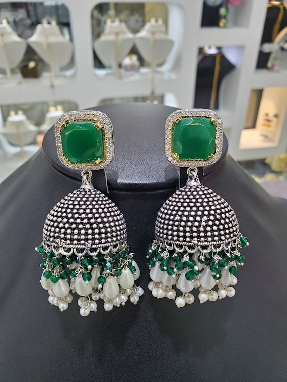 Uncut Mosannite Kundan Jhuki in Emerald Green Color