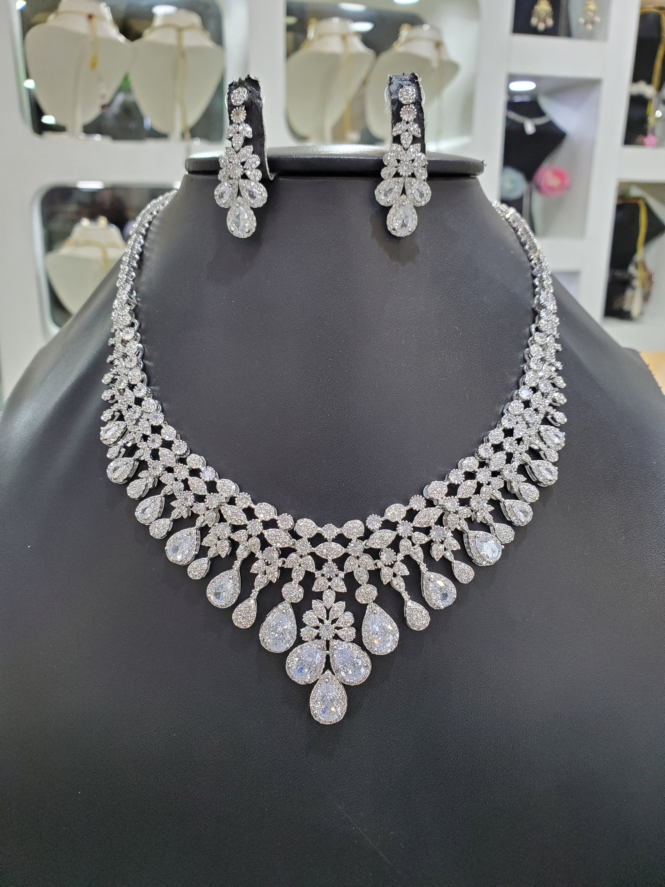 KhwaishJewellery Pink Stones Diamond CZ Choker Necklace/Earrings and Tikka,Bridal CZ Jewelry,Cubic Zirconia necklace,CZ Choker,Diamond Jewelry, Wedding Set