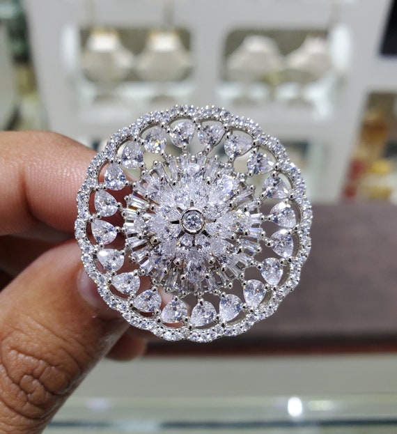 Marquise Diamond Silver Cz Stones Adjustable Statement Ring
