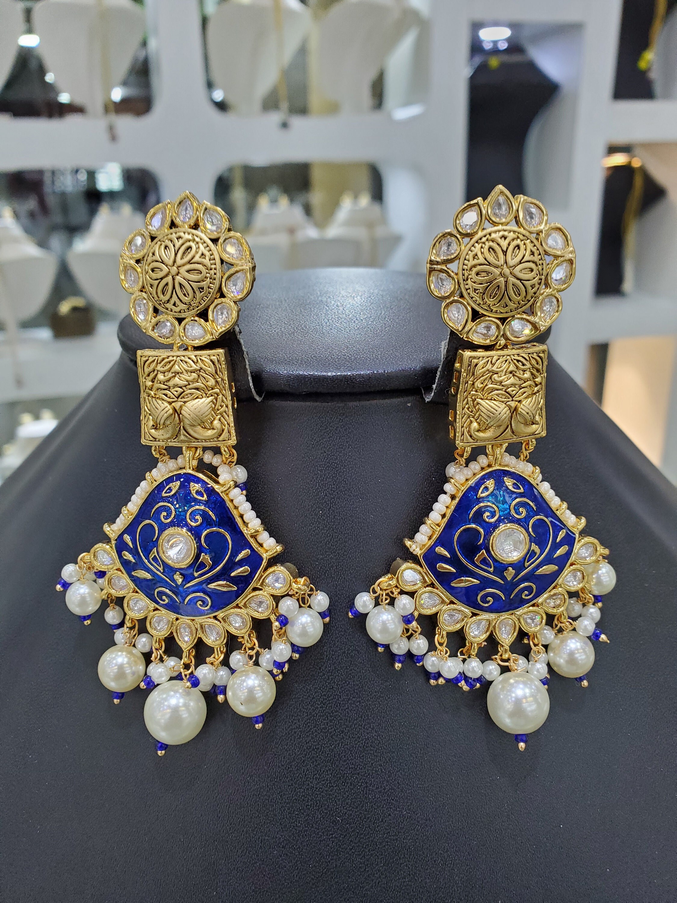 MAAHI- Blue Kundan Meenakari Earrings - chamakstore.com