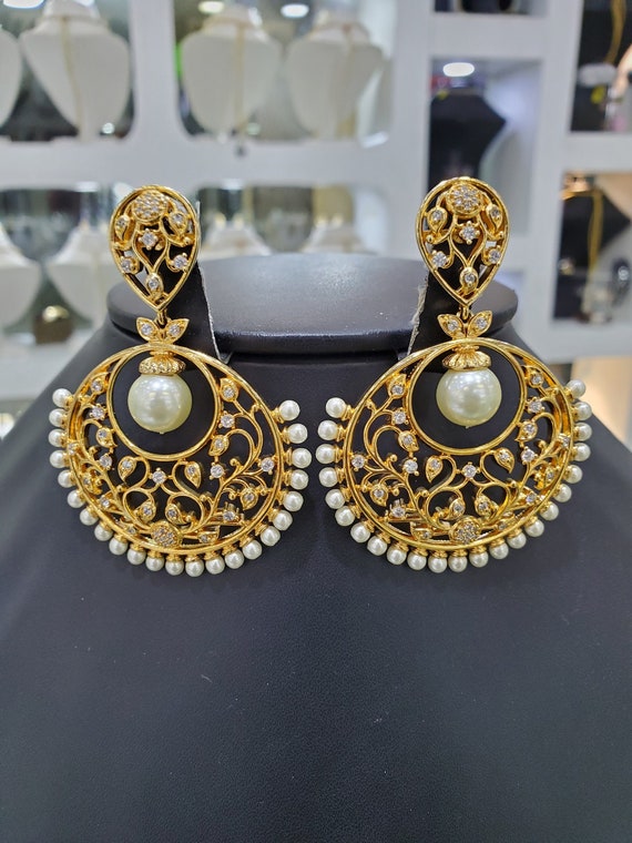 Matt Gold Plated Half Chand Shape With Pearls Earrings – Look Ethnic