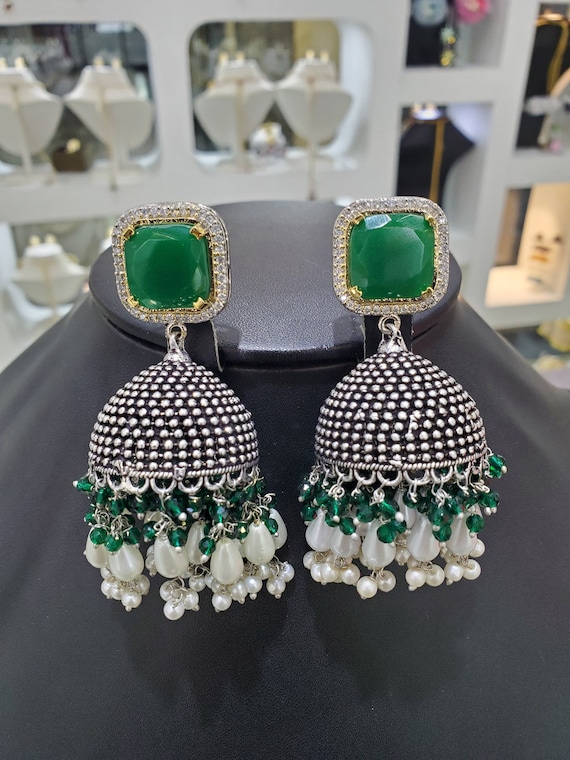 Buy Green Drop Jhumka With Pearl Ear Chain Earring Online - Get 50% Off