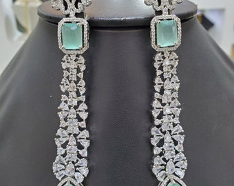 Mint Green Diamond Cz Stones Rhodium Plated Diamond Chandelier Earrings,Indian Jewelry,Statement Earrings, Diamond Earrings, Indian earrings