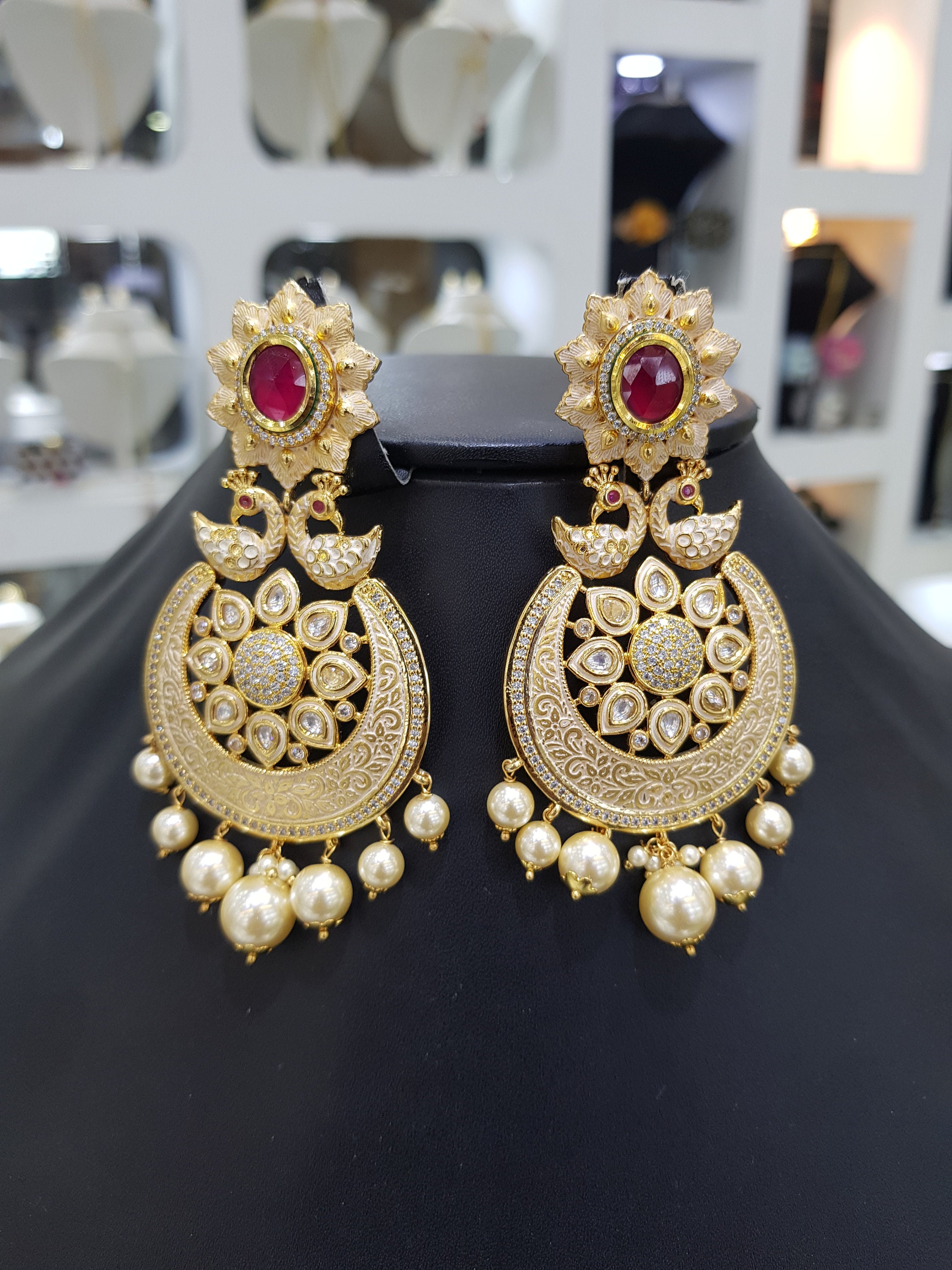 Chandbali Jewelry Set Gold Clustered Pearl Necklace Earring India Crescent  Moon Bollywood Ethnic Indian Jewelry - Jewelry Sets
