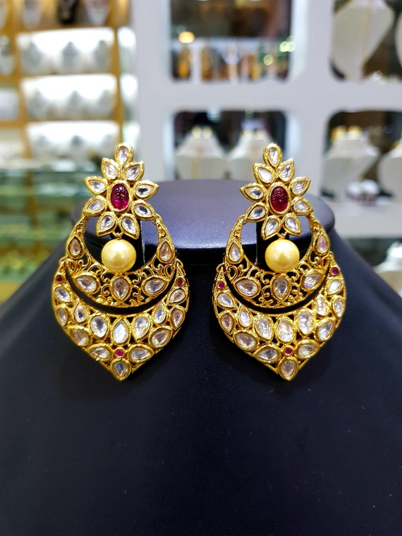 Temple Jewellery Chandbali Earrings Pearl Beads Designed Designs ER20999