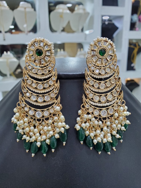 Emerald Kundan Polki Jadau Silver Chandbali Earrings Sabyasachi jewelry Kundan Earrings Polki Earrings Kundan Earrings Gold Jadau Chandbali