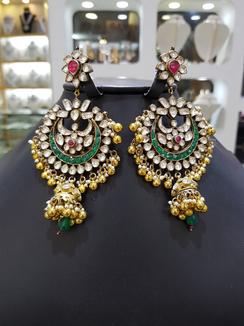 Sabyasachi Vintage Emerald Kundan Polki Jadau Silver Chandbali Earrings,Sabyasachi jewelry,Kundan Earrings,Polki Earrings,Jadau Chandbali