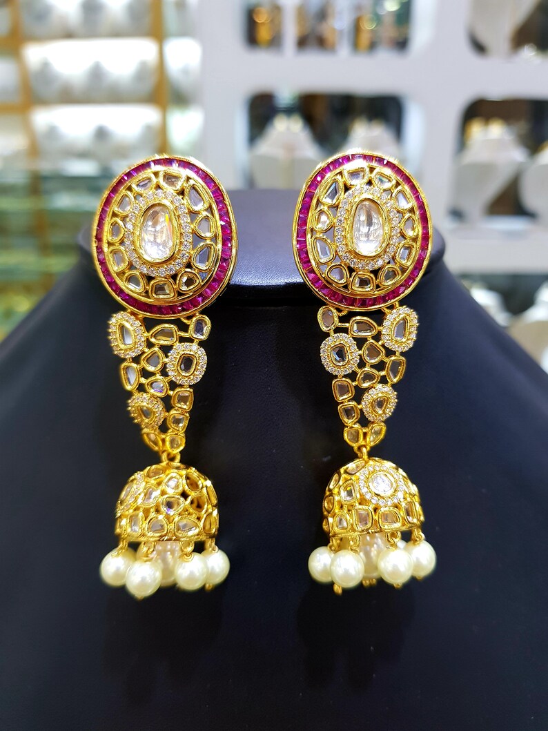 Exclusive Pearl Long Jhumka Kundan Polki Silver Earrings,Sabyasachi jewelry,Kundan Earrings,Polki jewelry,Kundan jewelry,Indian jewelry