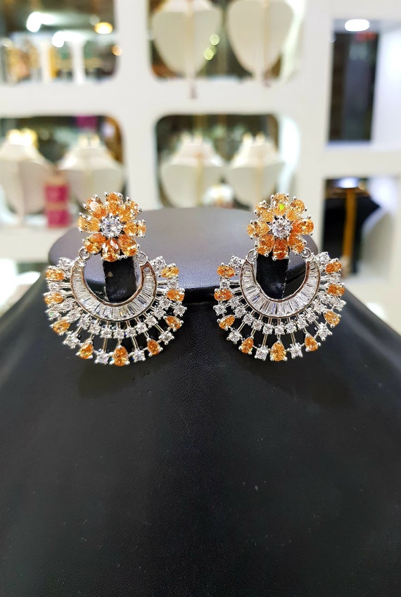 Yellow Sparkle Cz Diamond Chandelier Earrings Indian Jewelry