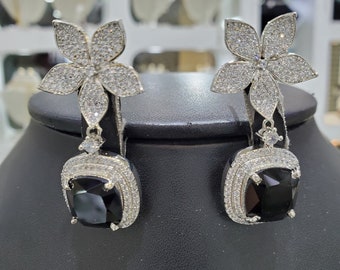 Black Diamond Cz Stones Silver Rhodium Plated Diamond Studs Earrings,Indian Jewelry,Statement Earrings, Diamond Earrings, Indian earrings|