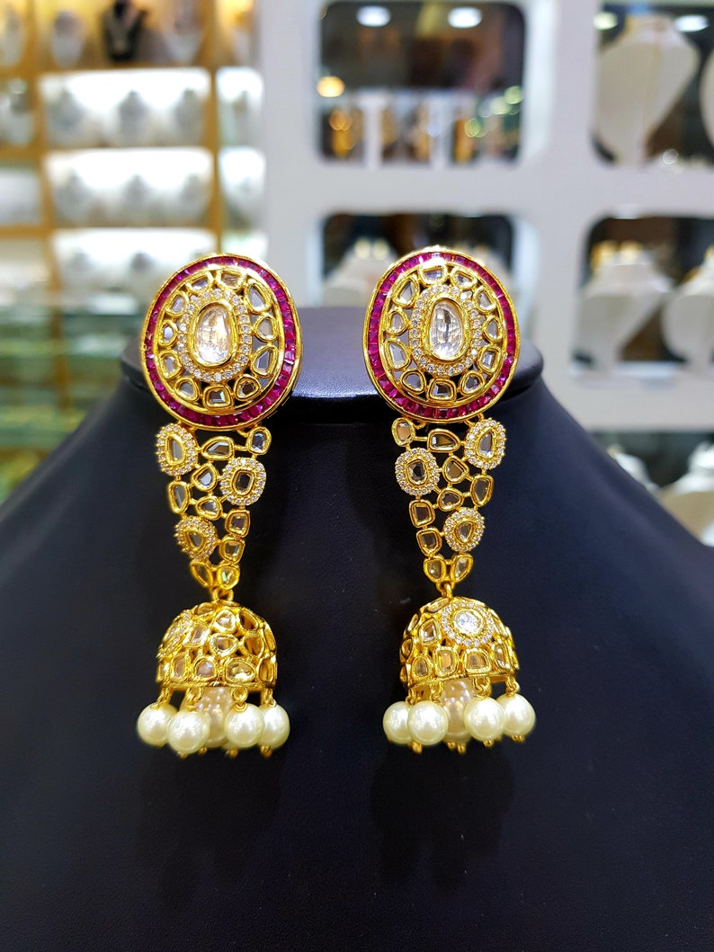 Exclusive Pearl Long Jhumka Kundan Polki Silver Earrings,Sabyasachi jewelry,Kundan Earrings,Polki jewelry,Kundan jewelry,Indian jewelry