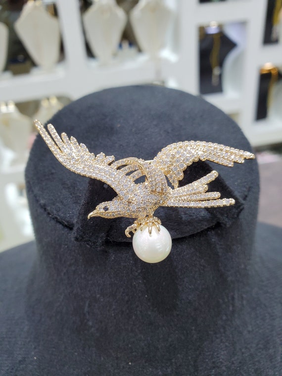 www. - Dual Purpose Pearl Brooch Pin Rhinestone Crystal