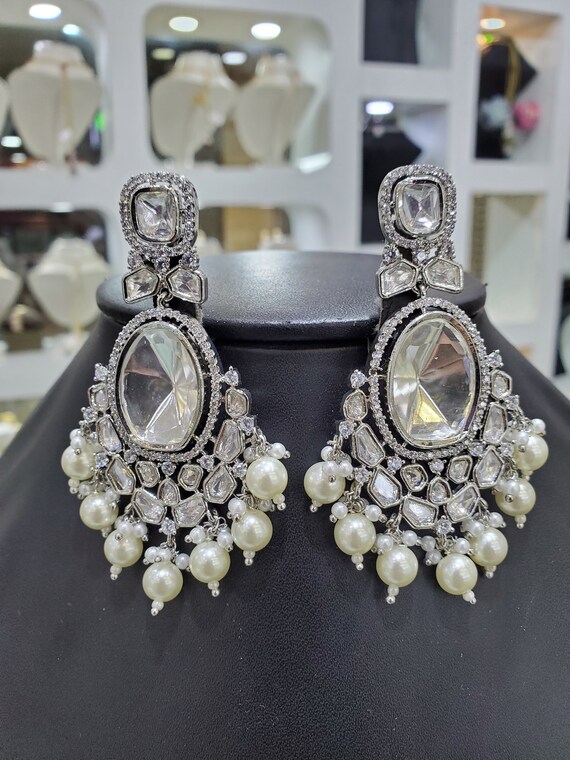 Kundan silver earrings deals