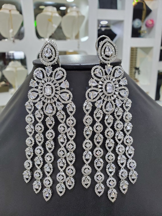 Classy Long Diamond Cz Stones Silver Rhodium Plated Chandelier