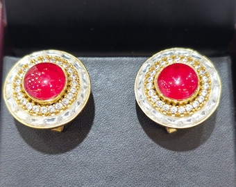 Ruby Red Statement Kundan Polki Silver Studs Earrings,Sabyasachi jewelry,Kundan Earrings,Polki Earrings,Jadau Jhumka,Kundan jewelry,Bridal