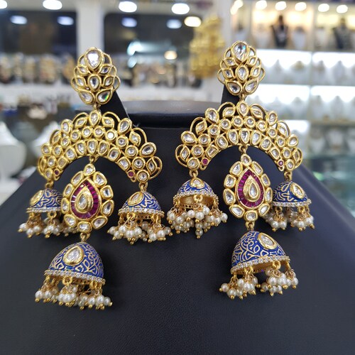 Kundan Polki Silver Jhumka Earrings ,Sabyasachi shops jewelry,Kundan Earrings,Polki Earrings ,Blue meena Gold Jhumka,Meenakari jewelry