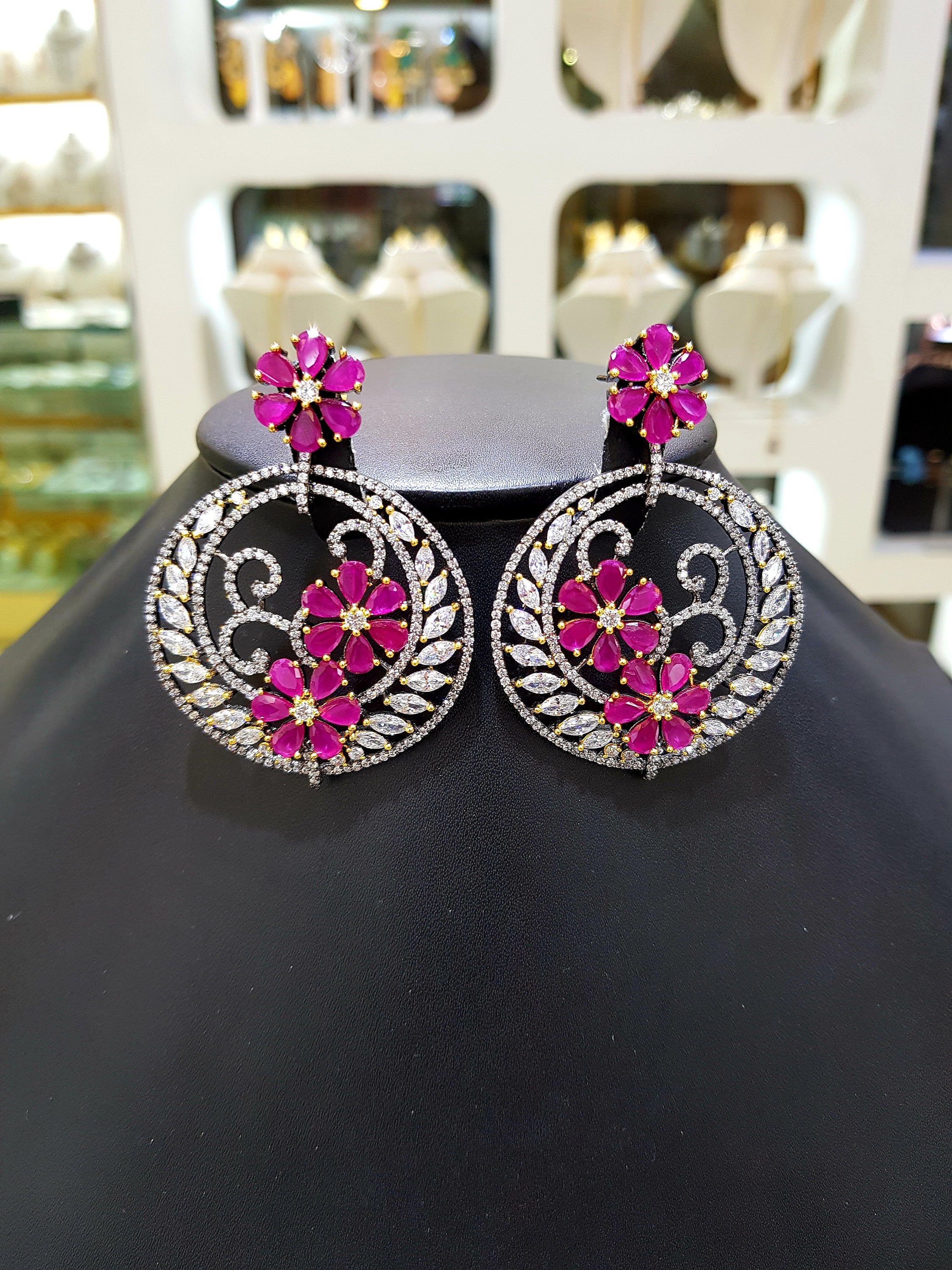 Silver Ruby Cz Diamond Chandelier Earrings Indian earrings| Indian Jewelry Statement Jewelry Designer Earrings Pakistani earrings Jewellery Earrings Chandelier Earrings 