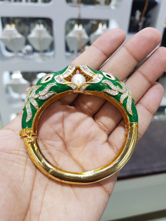 Green Dolphin Enamel and Pearl Setting Bangle Bracelet cz Bangle
